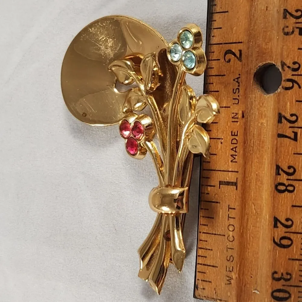 Signed Coro Brooch Pin Ribbon Spray Pink Blue Clover Leaves 2.25